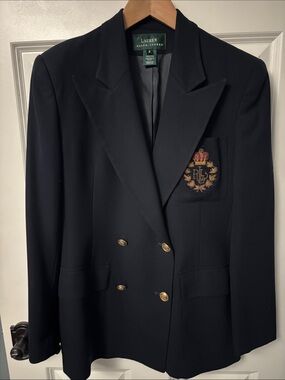 Ralph Lauren Navy Double-Breasted Blazer with Gold Crest. Size 6